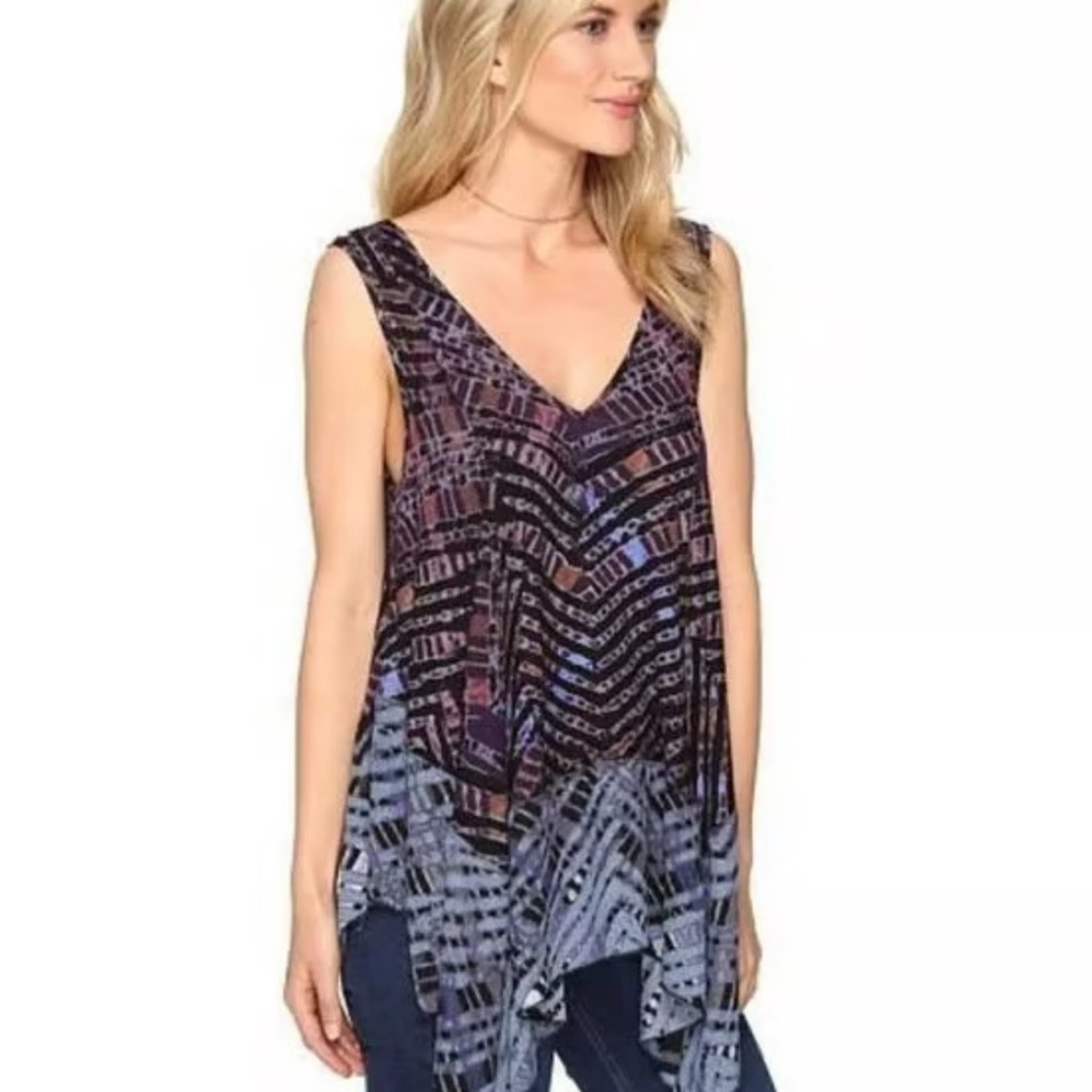 Free People Blue Asymmetrical Sleeveless Blouse